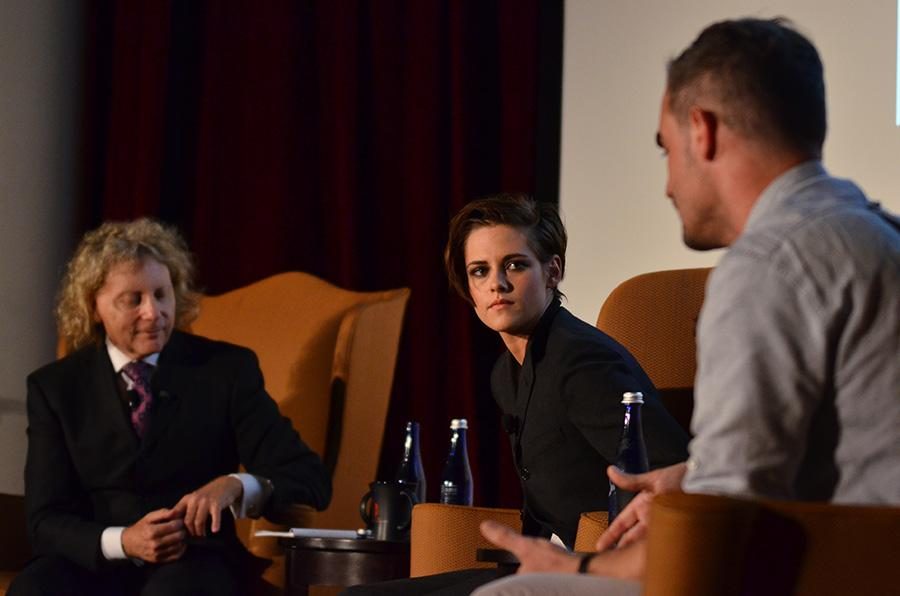 Kristen Stewart sits on stage at Tishman Auditorium in the NYU School of Law on Oct. 7.
