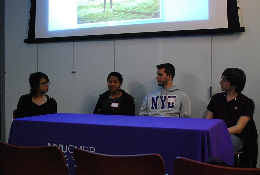 Francesca Hyunh, Senina Mitchell, Thiago Fernandes and Rosario Giarratana answer questions with Andrew Gordon (not pictured) during a panel on student diversity.