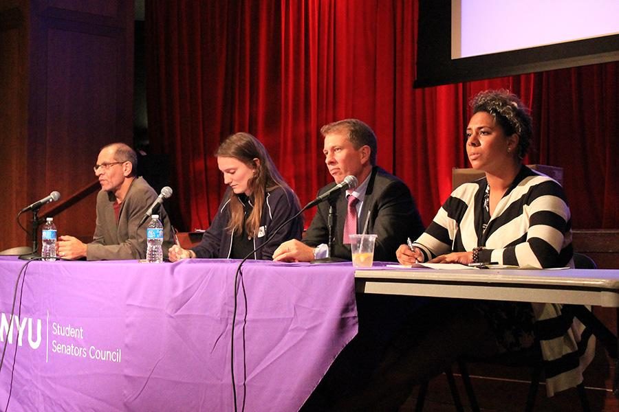 Ted Magder, Jules OConnor, Trevor Morrison and Heather Cannady, from left, address concerns during a student NYU listening session in the Eisner & Lubin Auditorium in the Kimmel Center for University Life on Thursday, Oct. 2.