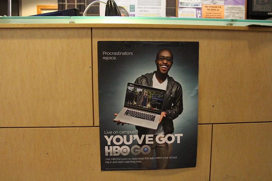 A poster in Third North Residence Hall advertises the HBO Go, which is now available in several residence halls.
