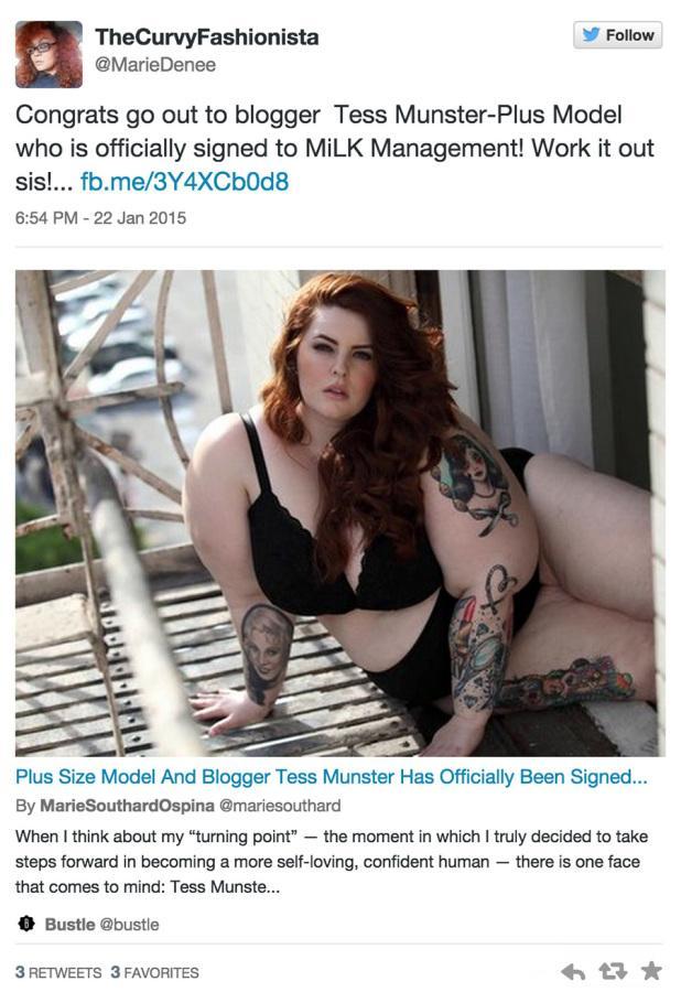 Plus size model Tess Munster became the first woman wearing a size 22 to sign with a major industry