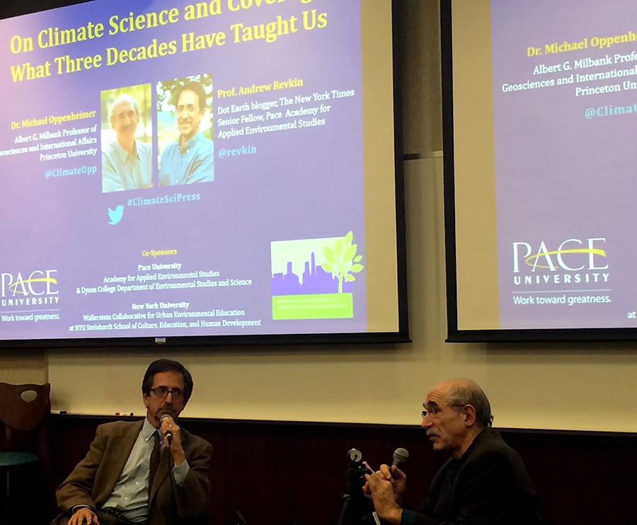 Veteran climate scientist Michael Oppenheimer, right, and NYT climate journalist Andrew Revkin discuss climate change.
