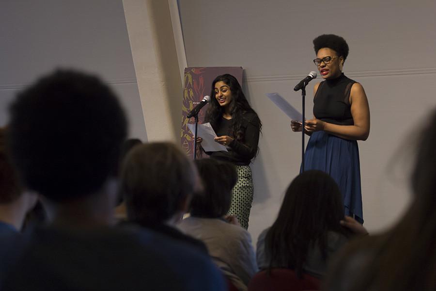 Ramya Ramana, left, and Crystal Valentine deliver a spoken word duet