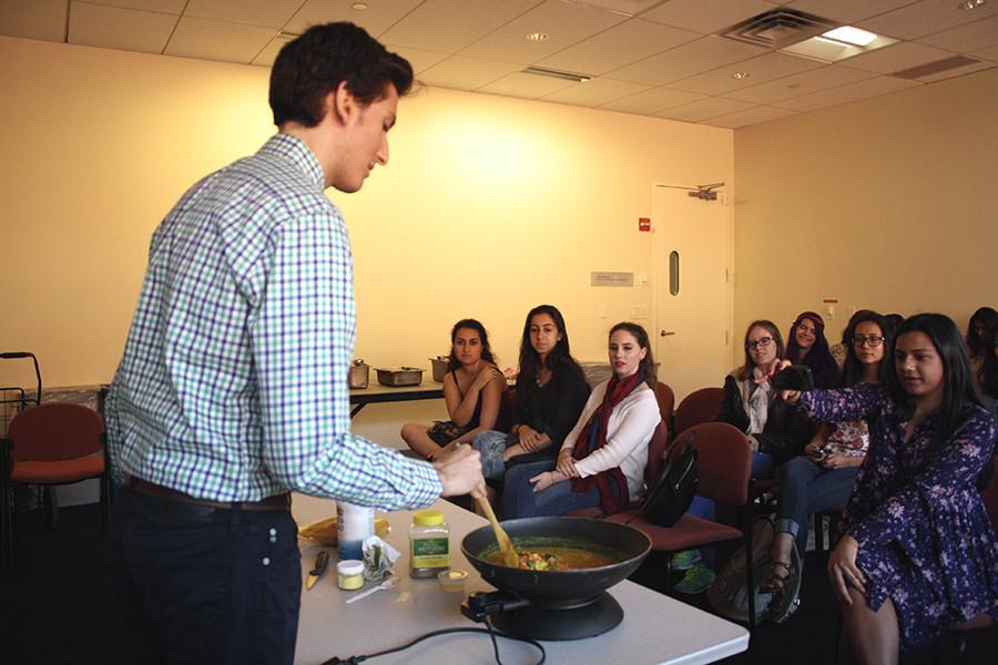 Krishna Bhakti president Jonathan Rosenthal does a cooking demonstration at a club meeting in the Kimmel Center on Monday, Sep. 14, 2015. 
