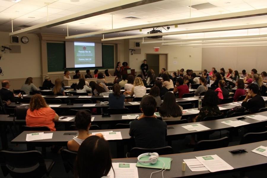 Divest student activists opposed a presentation from ExxonMobil tax attorneys outside of Vanderbilt Hall