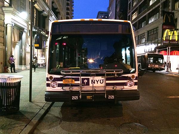 An NYU bus hit a pedestrian at the intersection of 3rd avenue and 10th street. 