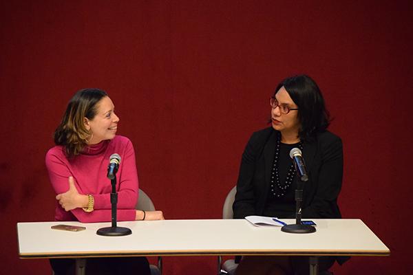 Panelists Shirley Leyro (left) and Isabel Martinez (right), from John Jay College of Criminal Justice, discuss immigration issues after screening of JR’s new film Ellis starring Robert De Niro. 