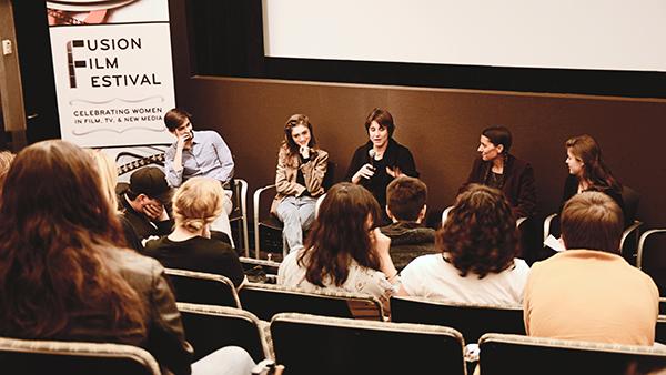 Leah Meyerhoff (middle) answers audience questions on her experience as the director of her new movie, “I Believe in Unicorns”.