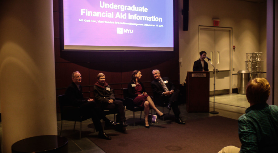 From+left+to+right%2C+panelists+Owen+Moore%2C+Alison+Leary%2C+MJ+Knoll+Finn+and+Martin+Dorph+discuss+the+issues+students+have+with+the+high+expenses+of+NYU.+