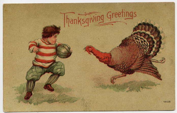As seen in this 1900s postcard, playing football has always been a common tradition for American families on Thanksgiving break.
