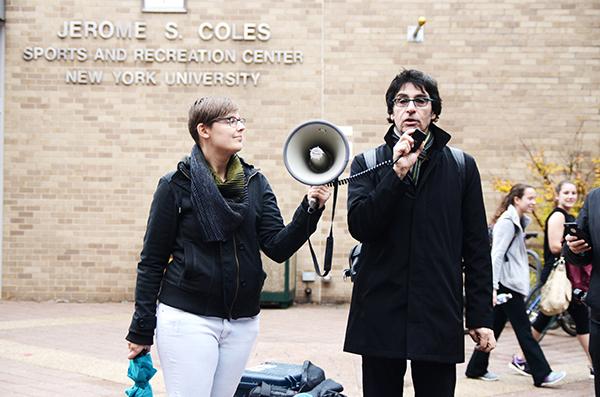 Andrew Ross, a NYU professor and member of Faculty Against the Sexton Plan (FASP), speaks about the Coles closure and its impact on student jobs to a crowd gathered at the NYU Walk of Shame on Wednesday, December 2.