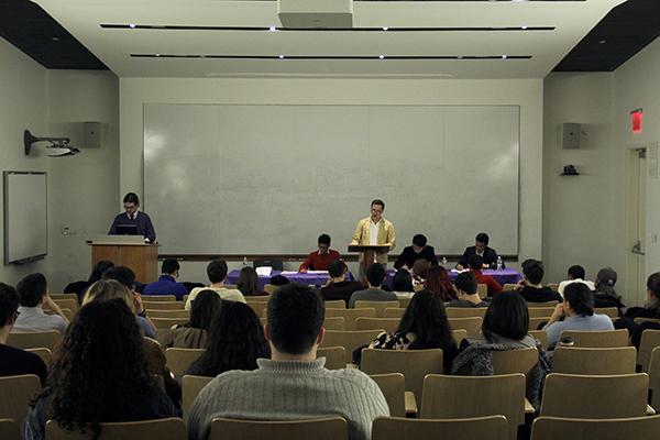 Professor Dalton Conley delivers the opening statement in favor of affirmative action based on economic background in the Center for Genomics and Systems Biology on Tuesday, February 2, 2016.