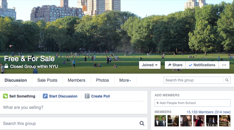 The NYU Free & For Sale page has attracted students looking to buy and sell personal goods.