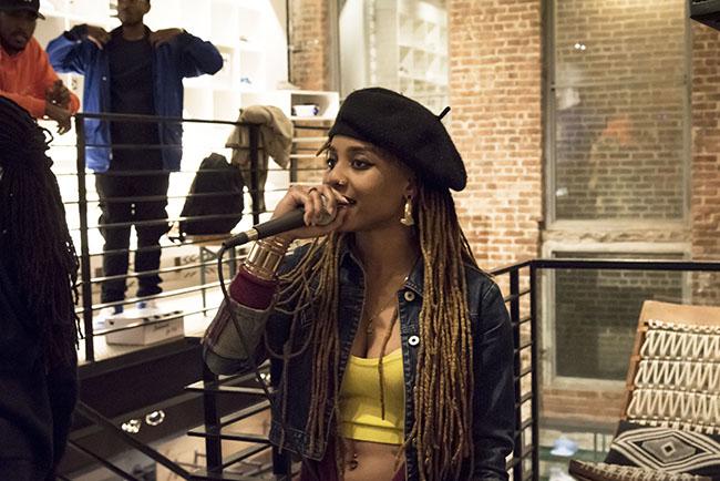 Saba+Jenga+performing+at+the+Vans+store+in+SoHo+as+a+part+of+an+open+mic+she+hosted.+