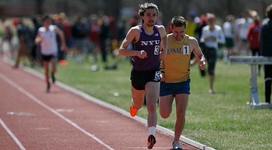 NYU Track & Field team runner, Nathaniel Picard-Busky, ran hard through tough conditions to place third in the steeplechase.
