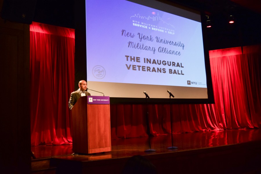 Assistant Director of the NYU Student Resource Center, Rollie Carencia, introduces everyone to the Veterans Ball.