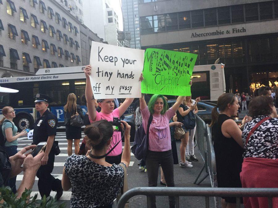 On the afternoon preceding the third and final presidential debate, a crowd gathered at Trump Tower to protest his treatment of women.