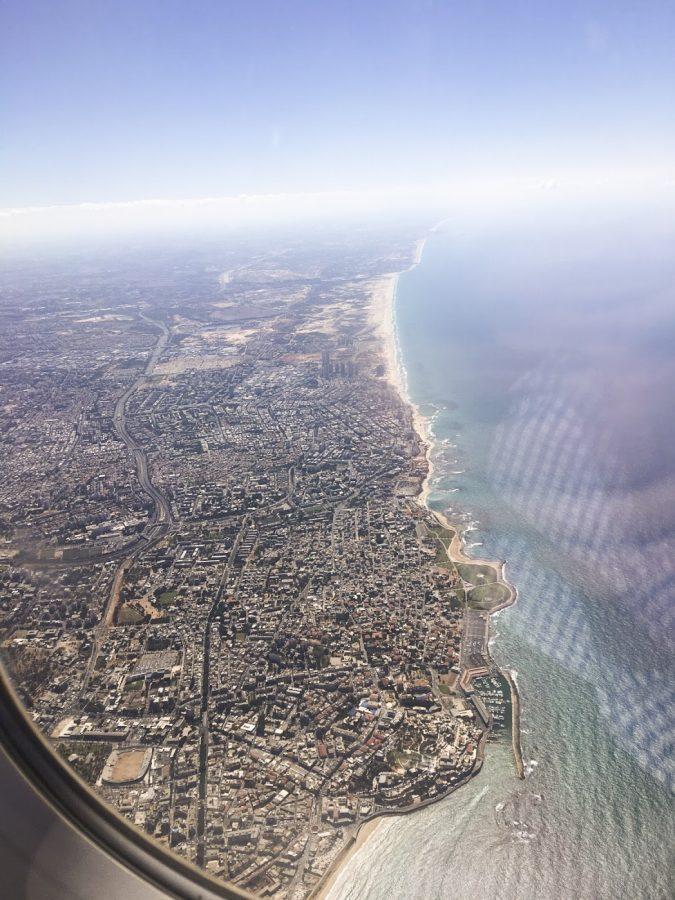 Prior to landing at his study away site, Tommy Collison takes an aerial shot of Tel Aviv and the Mediterranean.