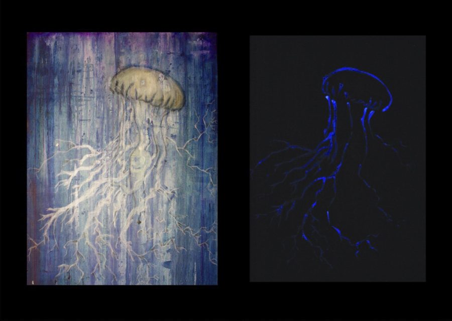 Dissimilar is a painting created with colored pencil and acrylic wash, depicting a jellyfish. I was always fascinated by how the jellyfish looked surreal and alien in the dark, but entirely different when taken out of the water and into the light. Inspired by this “dual quality”, I wanted to capture the multifaceted aspect of living organisms. I traced the jellyfish with iridescent liquid from a glow stick using a thin paintbrush. In the light, the painting seems like any other piece, but in the dark, the jellyfish emits a blue glow, showing two very different sides of the same subject. 