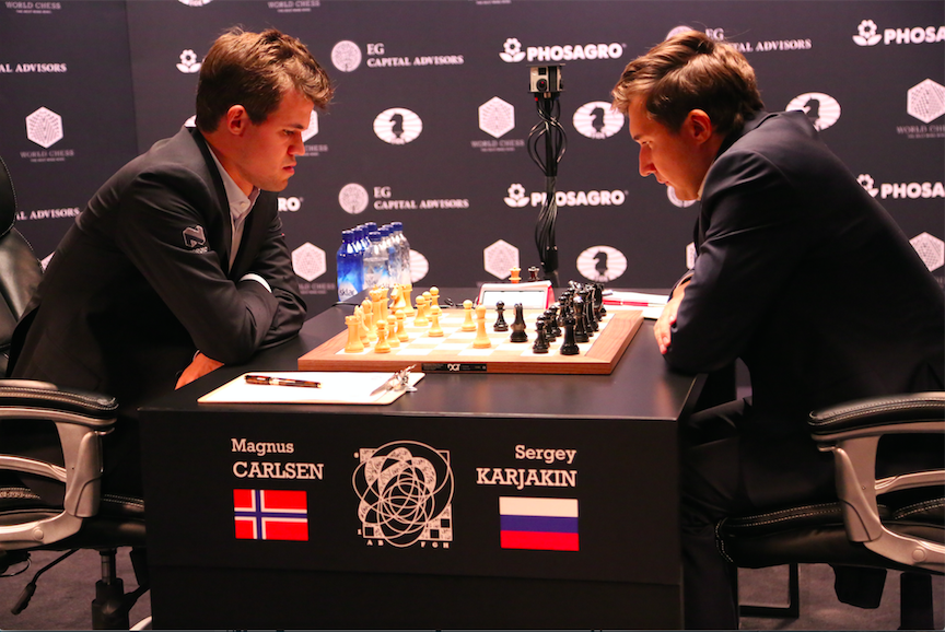 Magnus Carlsen of Norway and Sergey Karjakin of Russia dueled in an intense game of chess at the World Chess Championship.