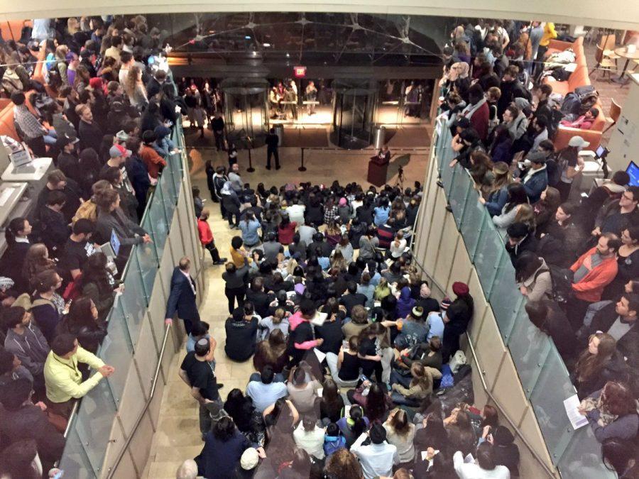 NYU students and staff crowd the stairs of Kimmel at an MSA rally.