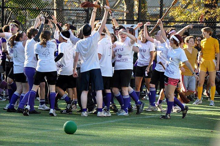 NYU quidditch team celebrates victory, showcasing its immense spirit for the quirky sport.