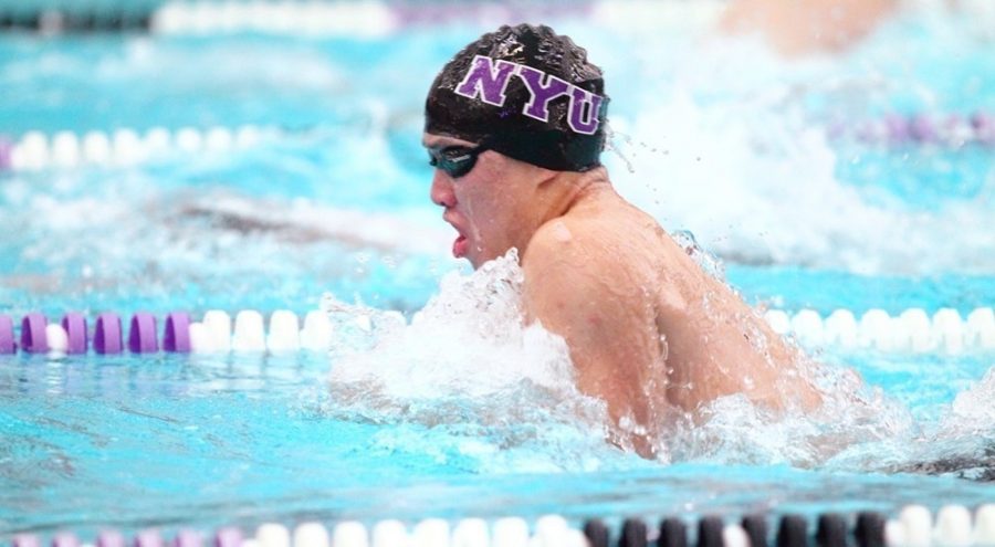 Tim Kou set the NYU record in the 100-yard breaststroke at the MIT Winter Invitational. 