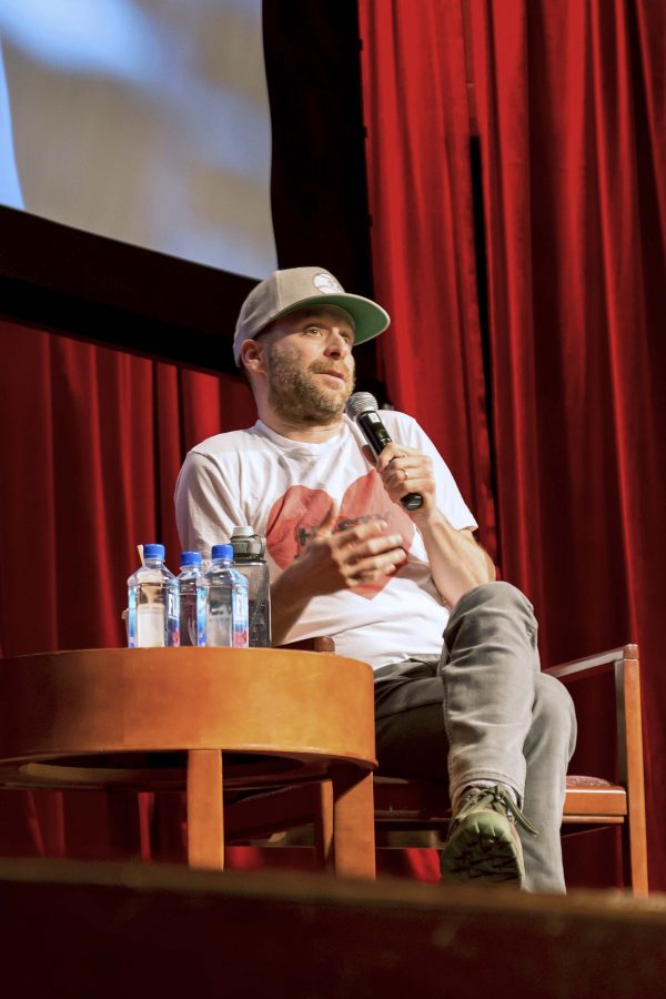 Actor Jon Glasier, who plays Laird on Girls, answering questions at the screening in Kimmel on Tuesday.