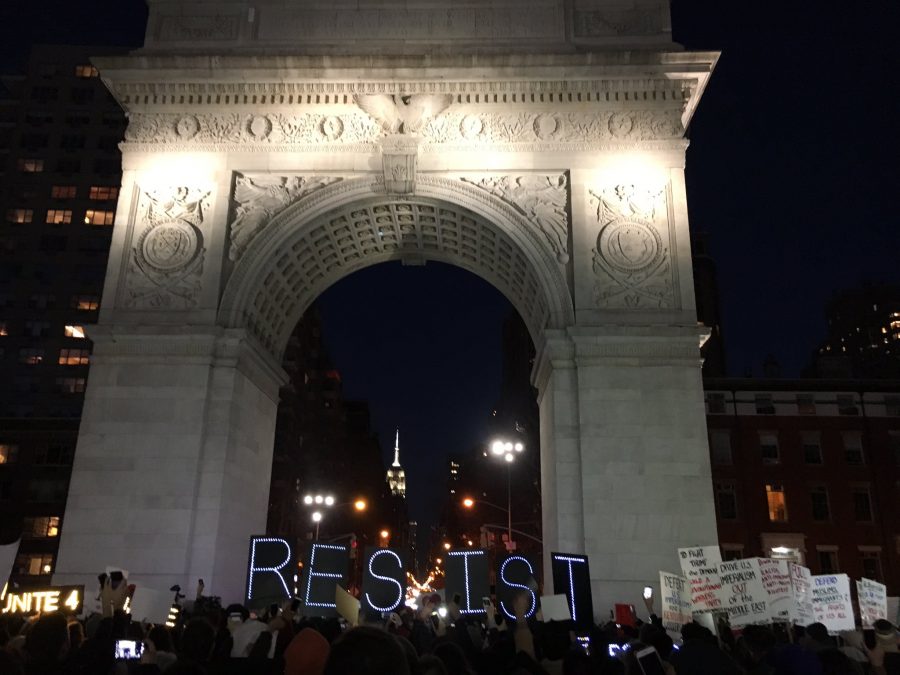People attended the rally hosted by the Council On American-Islamic Relations in Washington Square Park in light of President Donald Trumps ban on immigrants from countries with a high Islamic population.
