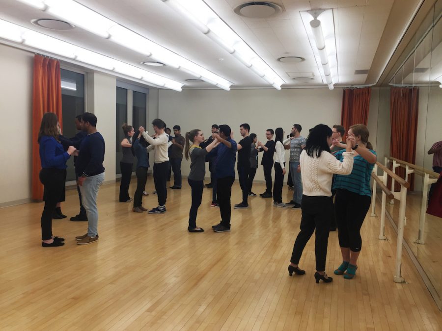 NYU’s Ballroom and Latin Dance team rehearses in the Kimmel Center. 