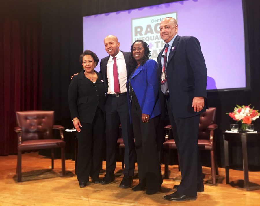 From left to right, former Attorney General Loretta Lynch, NYU Law professor Bryan Stevenson, Sherrilyn Ifill and Tony Thompson at the Center on Race, Inequality and the Laws Inaugural Conversation.  This event took place in the Greenberg Lounge of the NYU Law school on February 27 to discuss the effects of racial bias and economic inequality.