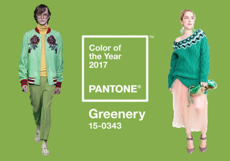 Pantone’s color of the year is Greenery, a mix of light blue and bright yellow that represents a fresh bud in the spring. Pictured on the left is from Gucci S/S 2017 menswear;  pictured on the right is from the J.Crew F/W 2017 collection.