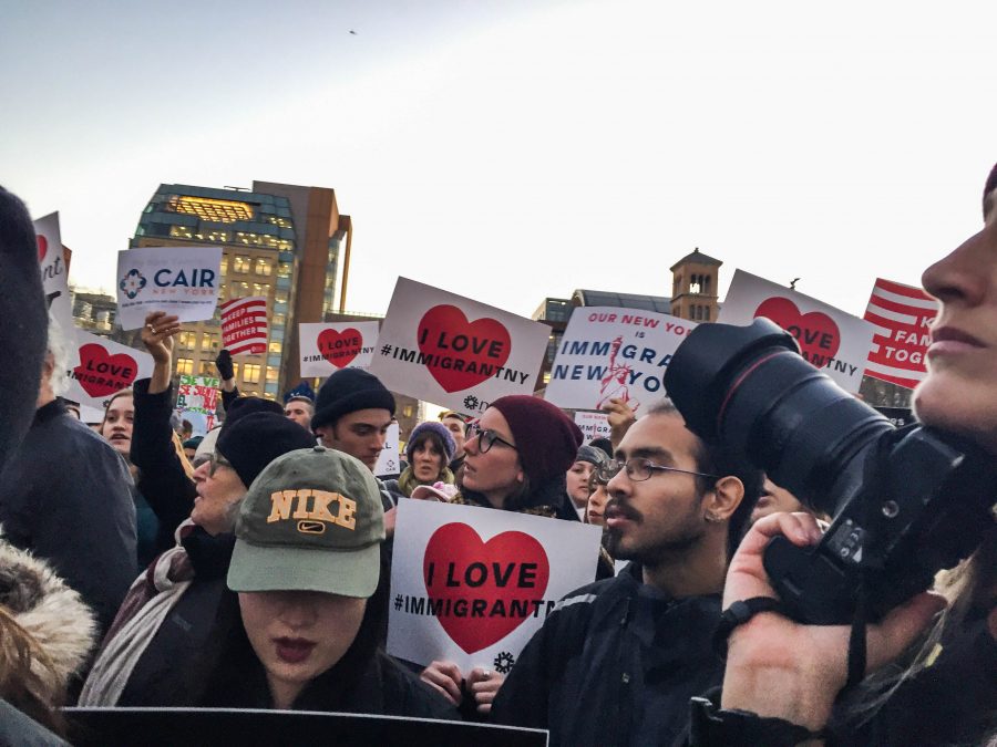 A sanctuary campus protest occurred in Washington Square Park, Jan. 25 2017. Since the election of Donald Trump in November, the NYU community has pressured administration to declare NYU a sanctuary campus.