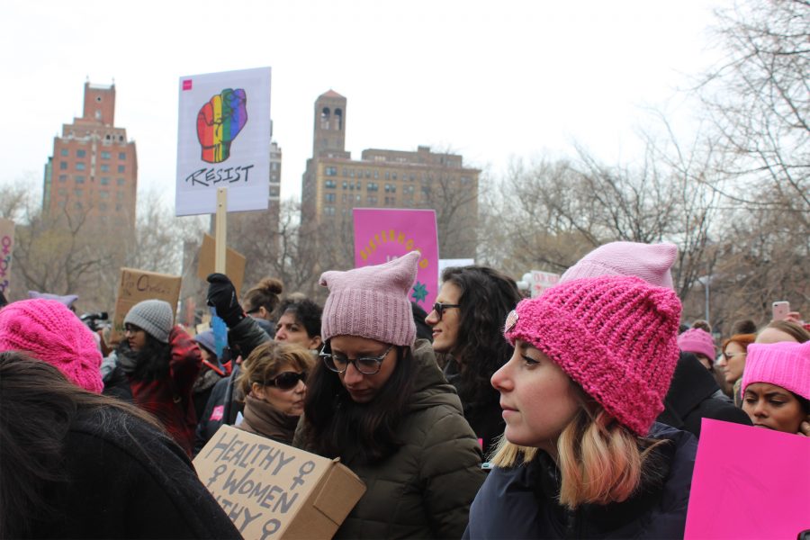 Women donned pink pussy hats today for a pro-Planned Parenthood rally in Washington Square Park.