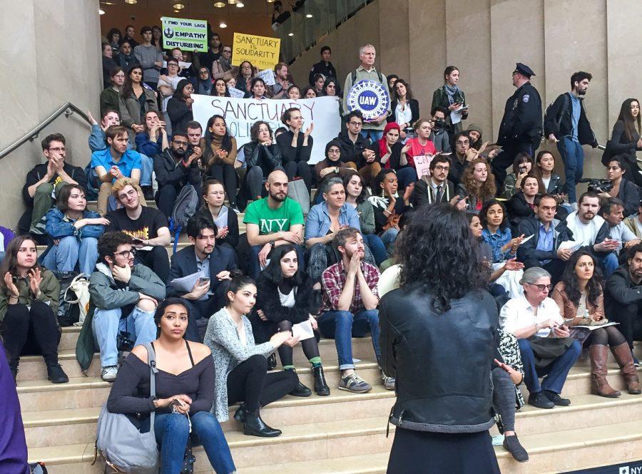 A speaker talks at the Kimmel Center for University Life, as part of the Sanctuary Campus movement, Wednesday. Tension has been growing among students as NYU President Andrew Hamilton has failed to declare the university a sanctuary campus for undocumented students in response to the hard-line immigration policy being implemented by U.S. President Donald Trump.