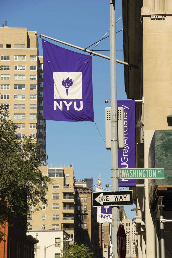 NYU campus and flags.