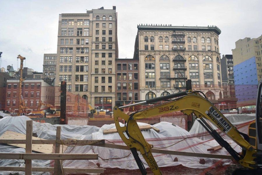 The building at 181 Mercer is in the early stages of construction. NYU has resumed construction at the site after New York State deemed school projects essential. (Photo by Corey Rome)