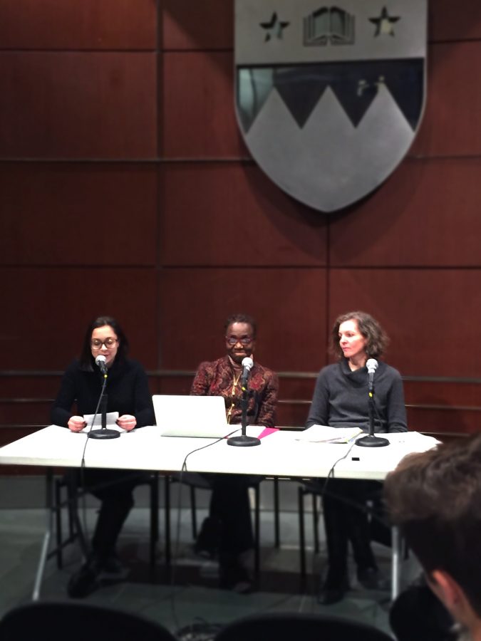 President of Earth Matters Natalie Petrulla, left, reads questions from the audience to Sheila Katmann, center, and Eleanor Blomstrom, right.