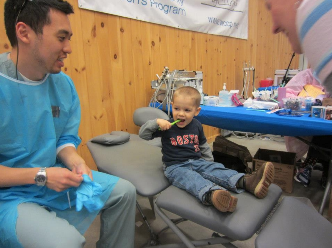 The NYU College of Dentistry Global Student Outreach team providing emergency dental care to residents in Machias, Maine. The team has collaborated with the Washington County Children Program to provide free dental care in the county since 2009.
