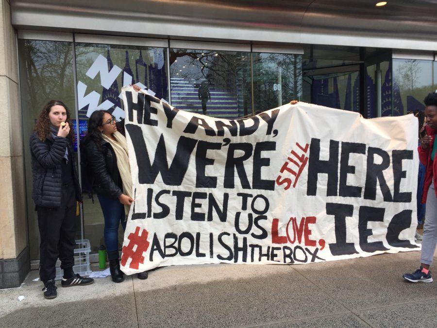 The Incarceration to Education Coalition, joined by Student Labor Action Movement, protest outside the Kimmel Center for University Life in spring 2017. IEC protested NYU's inclusion of a box on its application that asks applicants to indicate criminal history. (WSN File Photo)