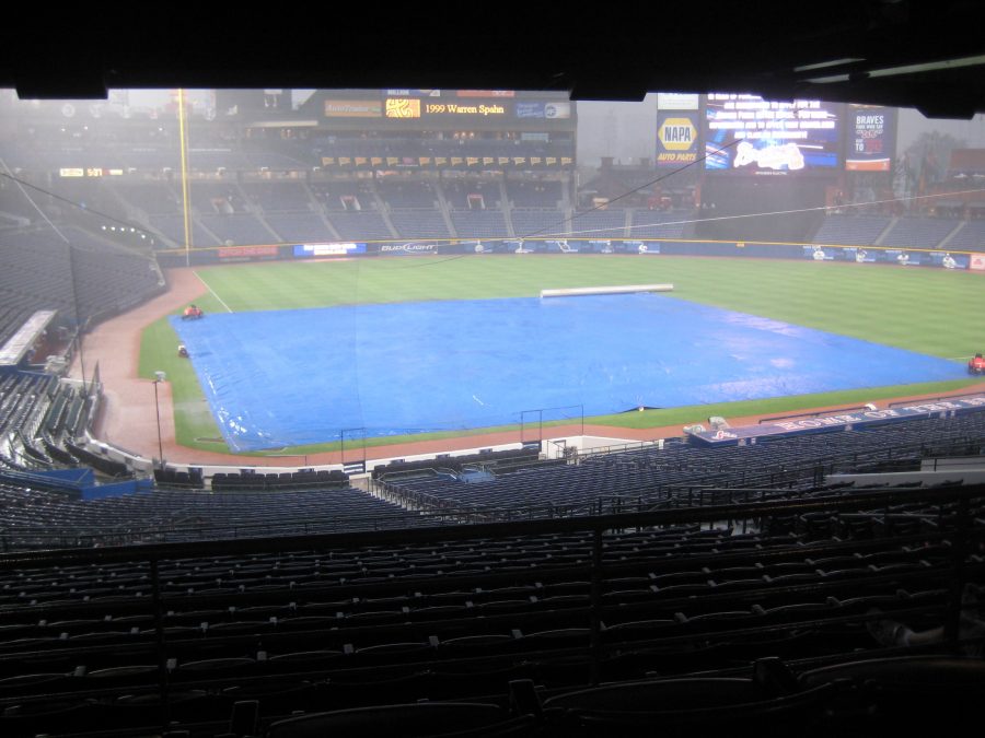 The Turner Field in Atlanta faces a rain delay. Weather can deter a game from effectively playing out; in addition, it can affect how players play the game. 