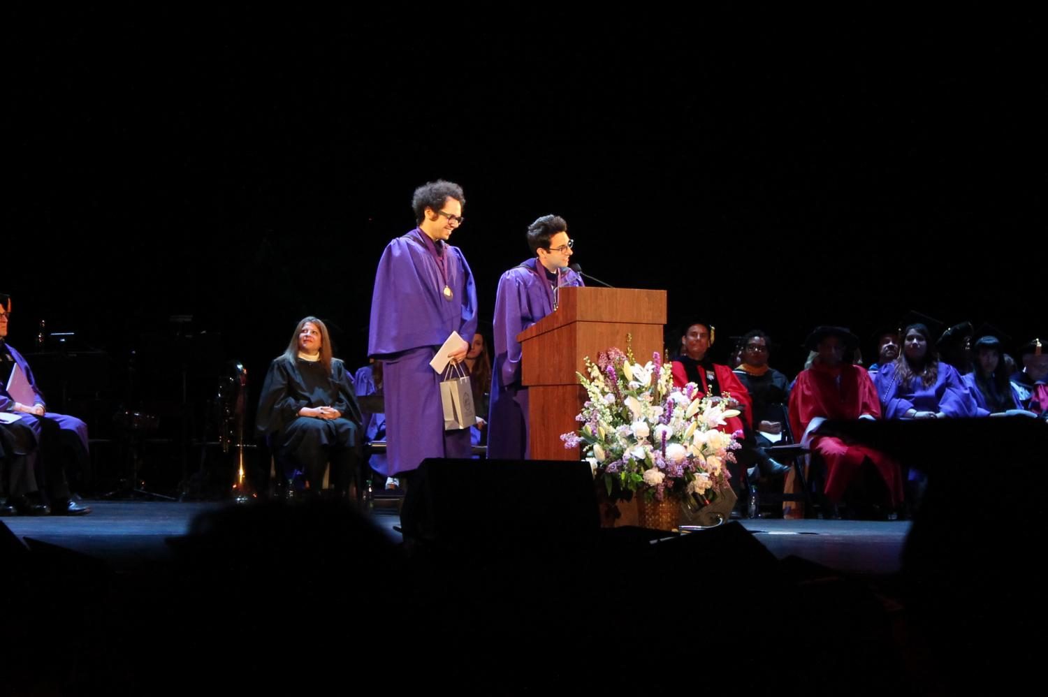 Steinhardt+alumni+Ian+Axel+and+Chad+King%2C+who+make+up+the+platinum-selling+music+group+A+Great+Big+World%2C+accepted+the+2017+Dorothy+Height+Distinguished+Alumni+Award+at+this+years+Steinhardt+Undergraduate+Commencement+ceremony.+The+duo+graduated+in+2007+from+the+schools+Music+Business+program.