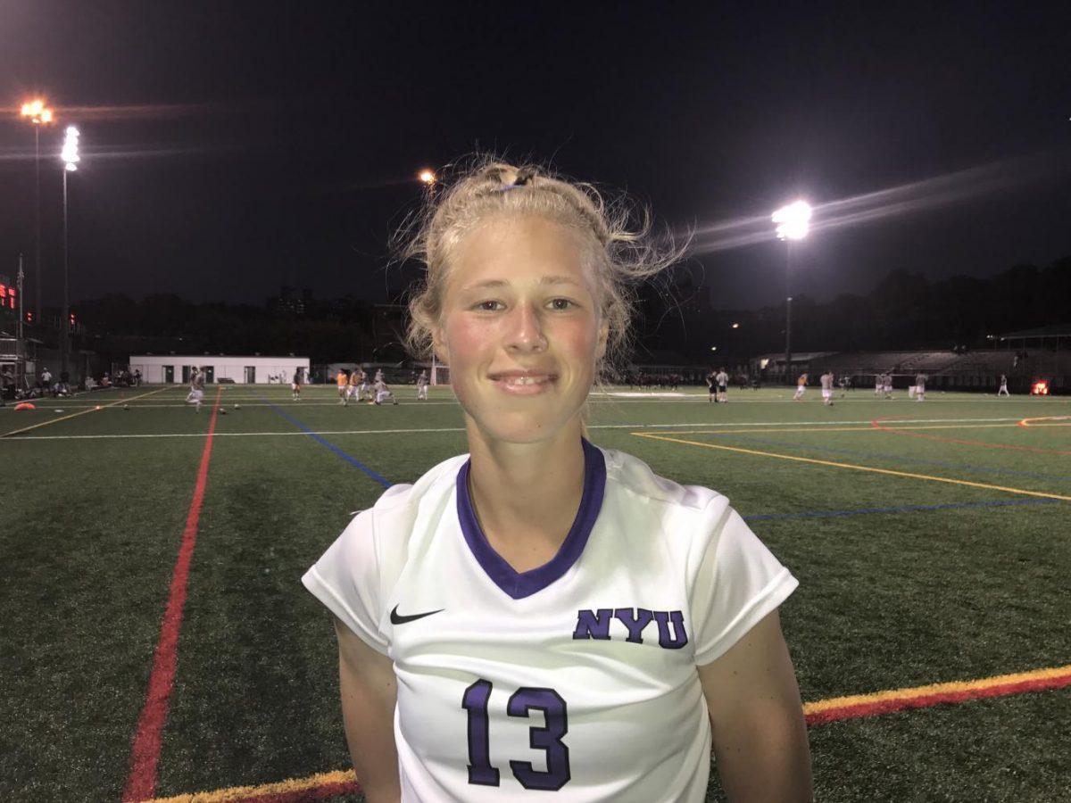 Meghan Marhan, an NYU Stern freshman, scored her first goal on Sept. 19 at the game against Farmingdale State College