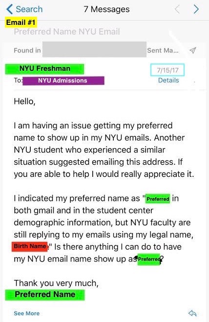 The email exchange between this student and the NYU Admissions employee. Edits were made to protect the identities of the student and the employee.