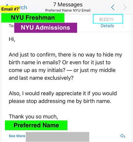 The email exchange between this student and the NYU Admissions employee. Edits were made to protect the identities of the student and the employee.