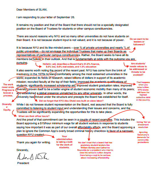 NYU+President+Hamilton+sent+a+letter+to+SLAM+in+response+to+their+request+to+add+a+student+to+the+board+of+trustees.+Members+of+the+group+annotated+and+analysed+the+letter+to+expose+what+they+percieved+to+be+Hamilton%E2%80%99s+true+message.+
