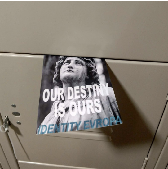 Photographs of the Identity Evropa flyers in the lockers outside of the Marketplace at Kimmel