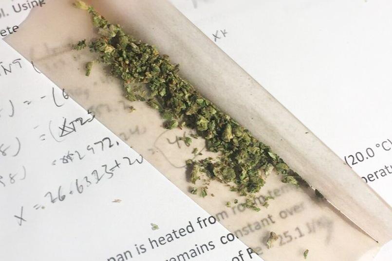 An unrolled joint lays on top of an NYU student's homework. (Photo by Veronica Liow)