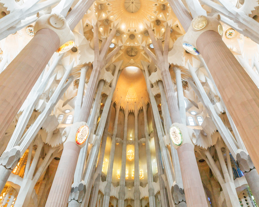 The inside of La Sagrada Familia in Barcelona, Spain.