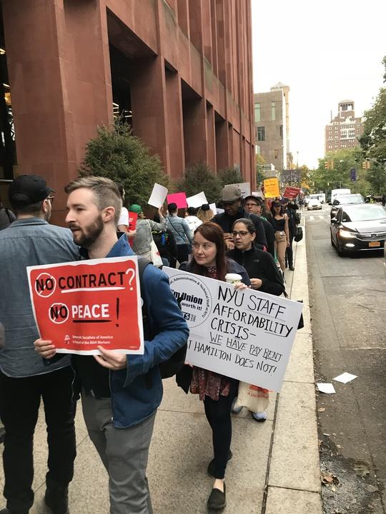 UCATS Local 3882 protested the universitys response to their demands outside Bobst Library.